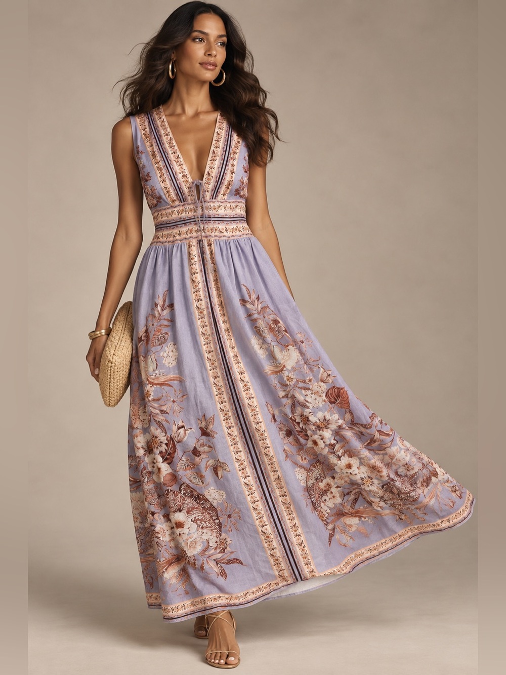 Caroline Constas Lavender Floral Maxi Dress with Rose and Cream Accents